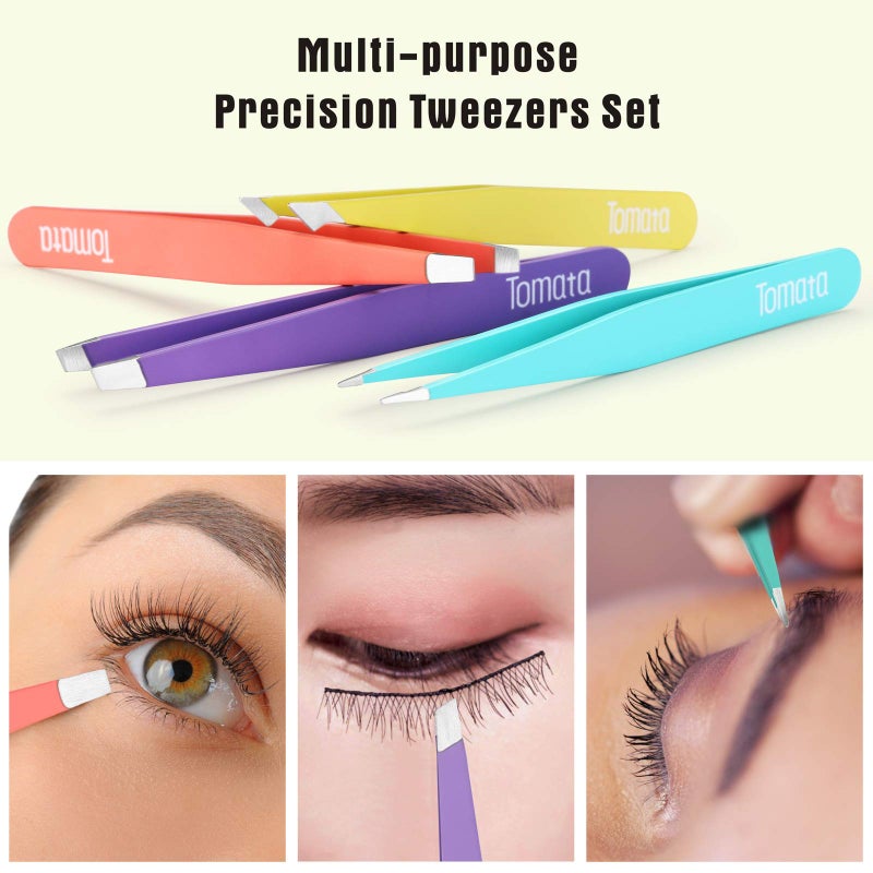 Tomata Tweezers for Eyebrows, Slant Tip and Pointed Eyebrow Tweezer Set Great Precision for Eyebrows Facial Hair, Ingrown Hair, Splinter, Blackhead and Tick Remover (4-piece) (Multi-color) - Image 3