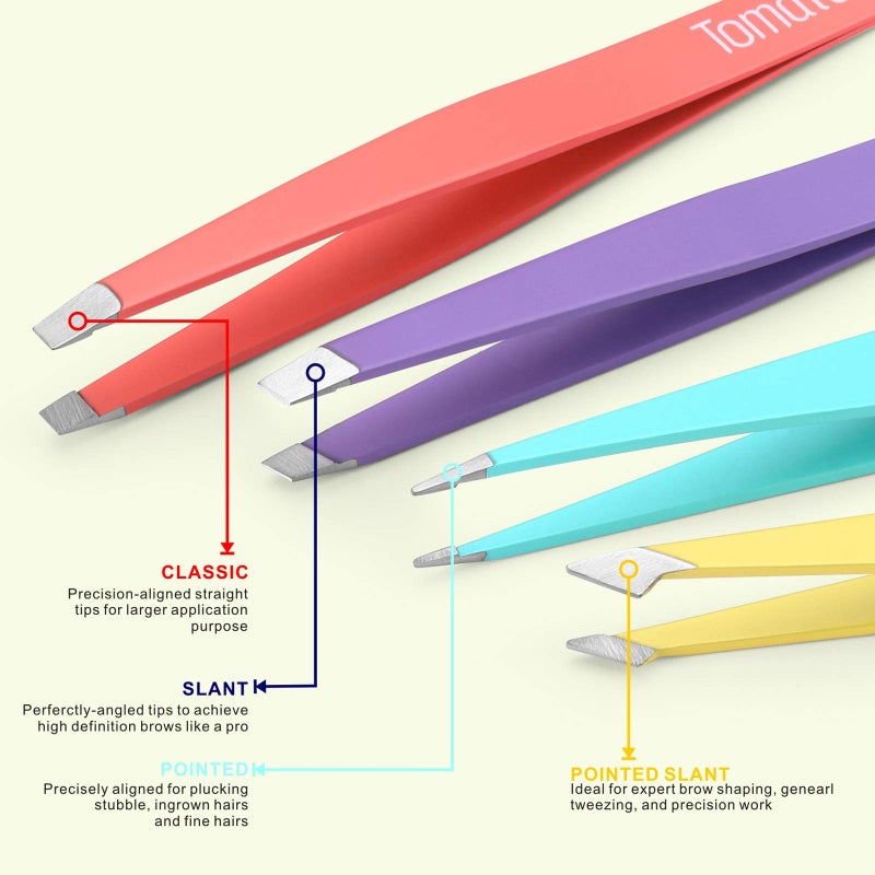 Tomata Tweezers for Eyebrows, Slant Tip and Pointed Eyebrow Tweezer Set Great Precision for Eyebrows Facial Hair, Ingrown Hair, Splinter, Blackhead and Tick Remover (4-piece) (Multi-color) - Image 2