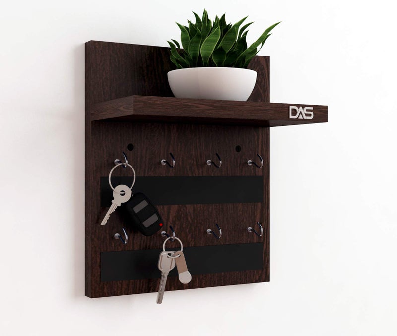 DAS Wall Mounted Home D�cor Key Chain Holder/Key Hooks Organizer with Wall Shelf Display Rack Wenge (8 Hooks)- Larose, Engineered Wood - Image 1