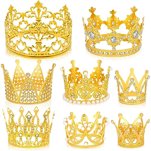 Caffox 8 Pieces Gold Crowns for Flower Bouquets Various Sizes Gold Crowns Cake Topper for Birthday Wedding Baby Shower Party and Flower Bouquet Decor - Image 1
