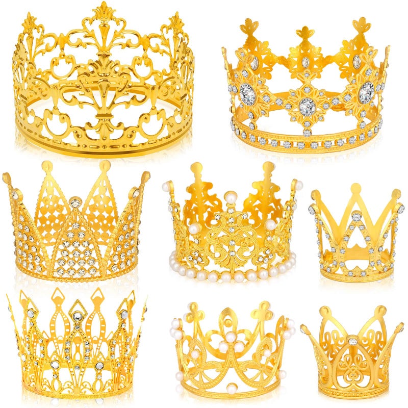 Caffox 8 Pieces Gold Crowns for Flower Bouquets Various Sizes Gold Crowns Cake Topper for Birthday Wedding Baby Shower Party and Flower Bouquet Decor - Image 2