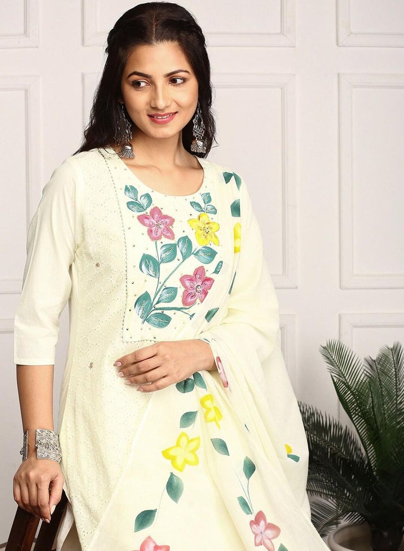 ISHIN Regular Fit Three-Quarter Sleeve Printed Off White Cotton Woven Kurta Set For Women Flat Collar Perfect For Wedding And Engagement Pull On Closure - Image 2