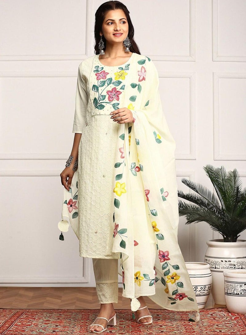ISHIN Regular Fit Three-Quarter Sleeve Printed Off White Cotton Woven Kurta Set For Women Flat Collar Perfect For Wedding And Engagement Pull On Closure - Image 1