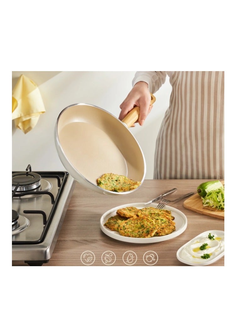 Homemaker Swiss Crystal High Quality Ceramic Coating Non-Stick Frypan - 22cm - Natural Wood Handle - Beige - Image 5