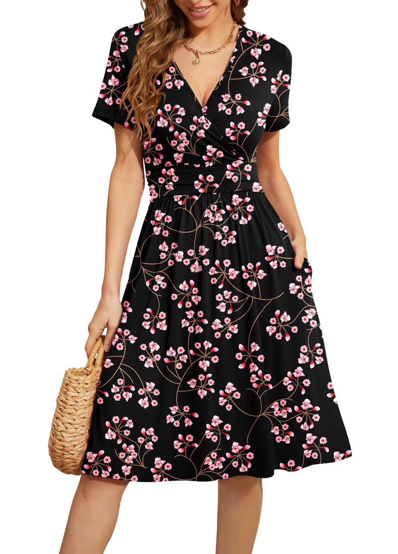 WEACZZY Womens Casual Dresses Short Sleeve Flower Party Dress V-Neck Floral Summer Sundresses for Women,Floral Gypsophila Black,L - Image 1