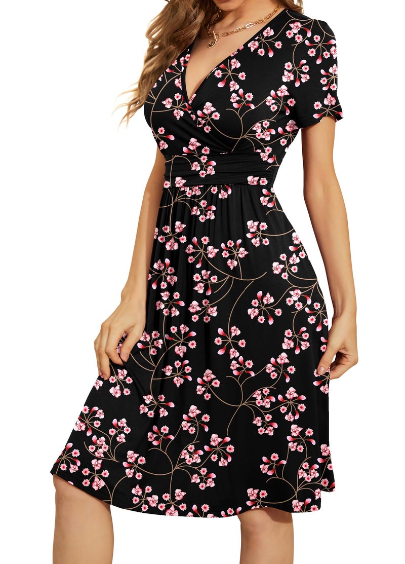 WEACZZY Womens Casual Dresses Short Sleeve Flower Party Dress V-Neck Floral Summer Sundresses for Women,Floral Gypsophila Black,L - Image 2
