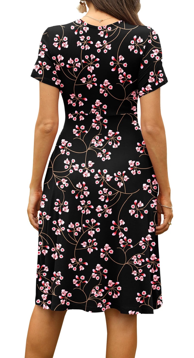 WEACZZY Womens Casual Dresses Short Sleeve Flower Party Dress V-Neck Floral Summer Sundresses for Women,Floral Gypsophila Black,L - Image 4