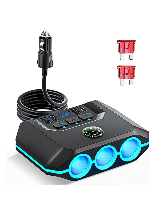 Car Cigarette Lighter Splitter, Car Charger Adapter 120W QC 3.0 & PD 20W with 3 Sockets, 12V/24V Vehicle Cigarette Lighter Adapter Plug Power Outlet with Voltmeter, Fast USB Phone Charger,Gift for Men - Image 1