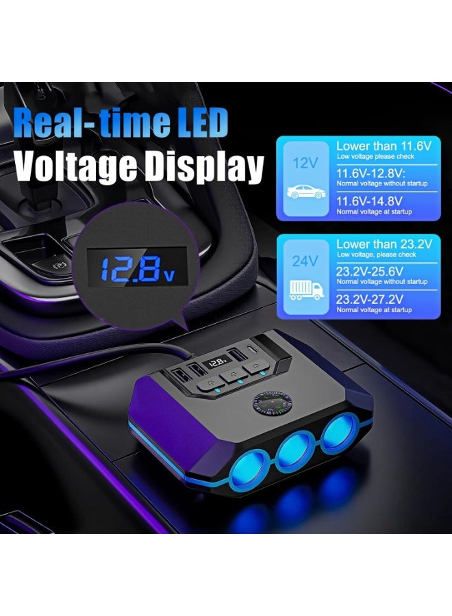 Car Cigarette Lighter Splitter, Car Charger Adapter 120W QC 3.0 & PD 20W with 3 Sockets, 12V/24V Vehicle Cigarette Lighter Adapter Plug Power Outlet with Voltmeter, Fast USB Phone Charger,Gift for Men - Image 4
