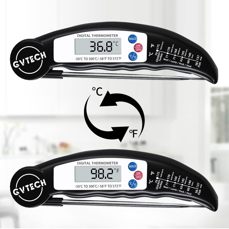GVTECH Digital Instant Read Meat Thermometer, Foldable Long Probe, °F/°C, Auto On/Off, Perfect for Kitchen Smoker Grill BBQ Water Milk Jam Hot Beverage (Black) - Image 4