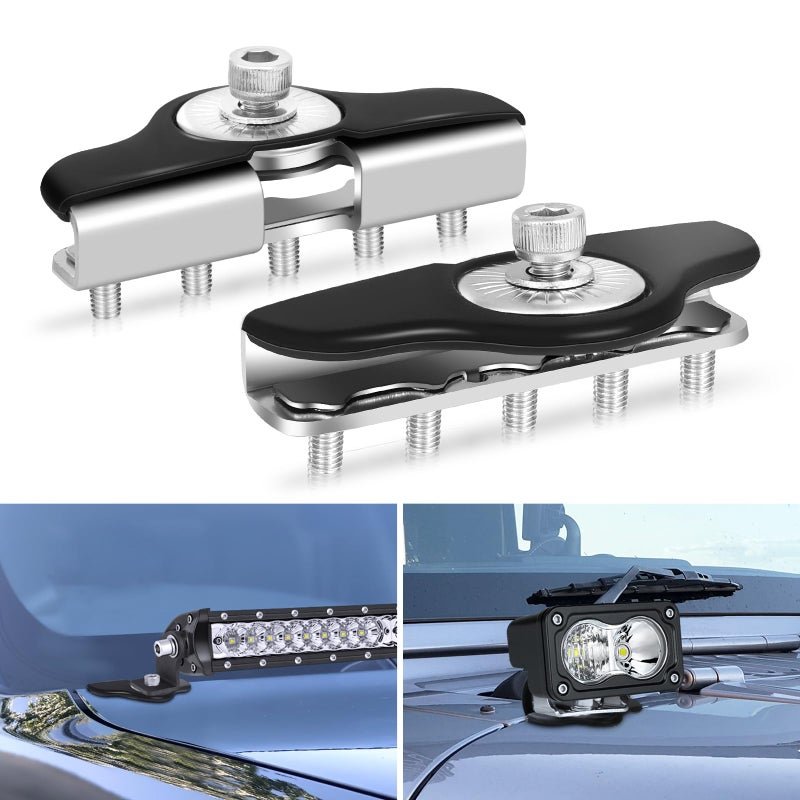 Rfroad Lighting Hood Mount LED Light Pod Brackets 2PCS Universal Light Bar Hood Mounting Bracket Clamp for Truck Pickup SUV UTV Car No Drilling 304 Stainless Steel - Image 3