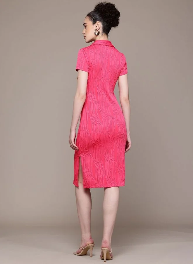 Freehand  Women Regular Fit Textured Polo Neck Short Sleeve Midi Dress for Women | Best Price UAE