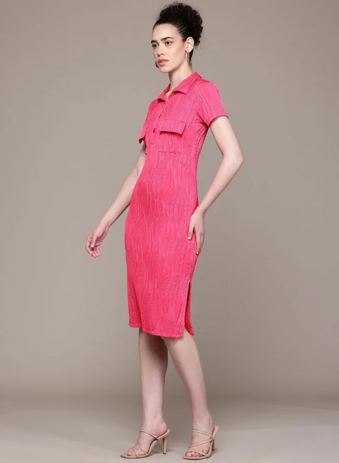 Freehand  Women Regular Fit Textured Polo Neck Short Sleeve Midi Dress for Women | Best Price UAE