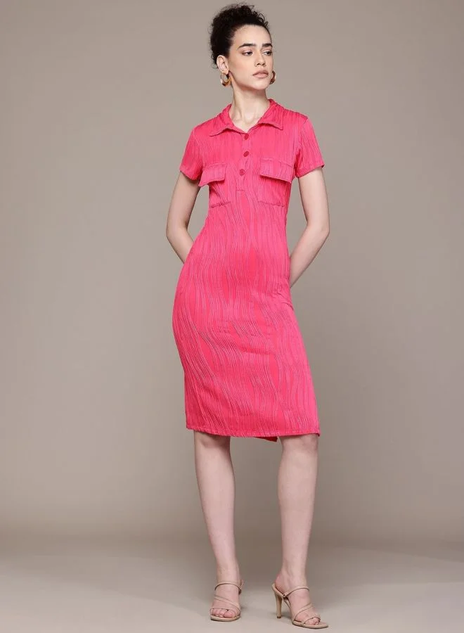 Women Regular Fit Textured Polo Neck Short Sleeve Midi Dress