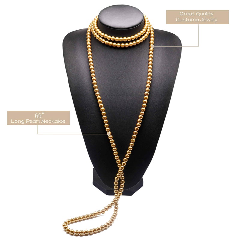 Aisansty Golden Long Pearl Necklace for Women Layered Faux Pearl Strand Necklace Costume Jewelry, 69",Diameter Pearl 8MM - Image 2