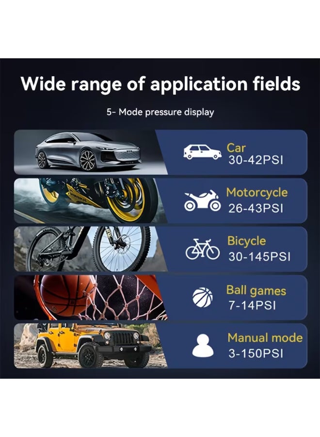 منفاخ هواء محمول، ضاغط هواء، مضخة إطارات بقوة 150 رطل لكل بوصة مربعة مع شاشة LCD رقمية، شحن سريع عبر منفذ USB، حماية أمان بإيقاف تشغيل تلقائي، ضوء LED، مناسب للسيارات والدراجات الهوائية والنارية وكرة السلة وكرة القدم، مضخة هواء محمولة صغيرة الحجم، بطارية ليثيوم مدمجة، هدية مثالية للسائقين وراكبي الدراجات وعشاق الرياضة، قابلة لإعادة الشحن، مناسبة لنفخ إطارات السيارات والمعدات الرياضية، ضاغط هواء كهربائي، ضاغط هواء للسيارة، أداة ضاغط هواء، ضاغط هواء للسيارة، كومبريسور، سيارة - Image 4