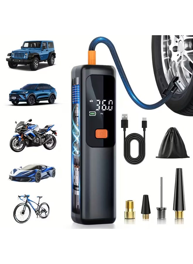 منفاخ هواء محمول، ضاغط هواء، مضخة إطارات بقوة 150 رطل لكل بوصة مربعة مع شاشة LCD رقمية، شحن سريع عبر منفذ USB، حماية أمان بإيقاف تشغيل تلقائي، ضوء LED، مناسب للسيارات والدراجات الهوائية والنارية وكرة السلة وكرة القدم، مضخة هواء محمولة صغيرة الحجم، بطارية ليثيوم مدمجة، هدية مثالية للسائقين وراكبي الدراجات وعشاق الرياضة، قابلة لإعادة الشحن، مناسبة لنفخ إطارات السيارات والمعدات الرياضية، ضاغط هواء كهربائي، ضاغط هواء للسيارة، أداة ضاغط هواء، ضاغط هواء للسيارة، كومبريسور، سيارة - Image 1