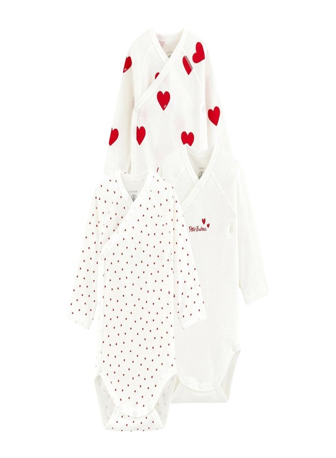Petit Bateau بدلات بادي بأكمام طويلة من بيتي بوتو للأطفال - 3 قطع قلوب حمراء من القطن العضوي (المقاس 12 شهرًا النمط A00AZ) - Image 1