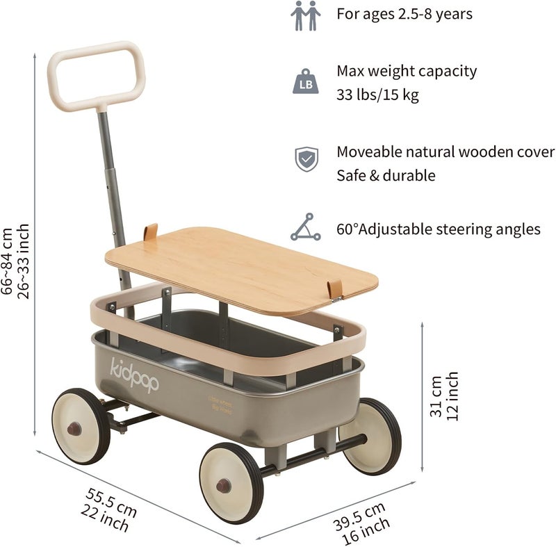 Kidpop PULA-Wild 3-in-1 Kids' Pull-Along Wagon Toddlers Push Walker for 2.5-8, Removable Wooden Cover and Adjustable Handlebar, Birthday Gifts Max Weight 33 lbs (Grey) - Image 2