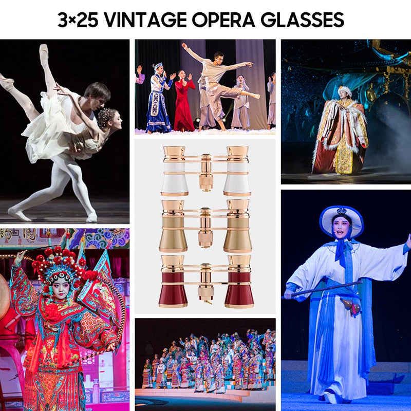 3×25 Vintage Opera Glasses Mini Theater Binoculars Compact Lightweight Binoculars with Chain Carrying Case and Cleaning Cloth for Adults Kids - Image 3