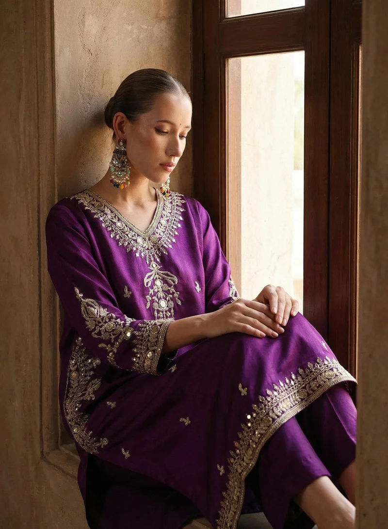 آي شين Purple Poly Embroidered Flared A-Line Kaftan & Full Length Palazzo Co-Ords For Women