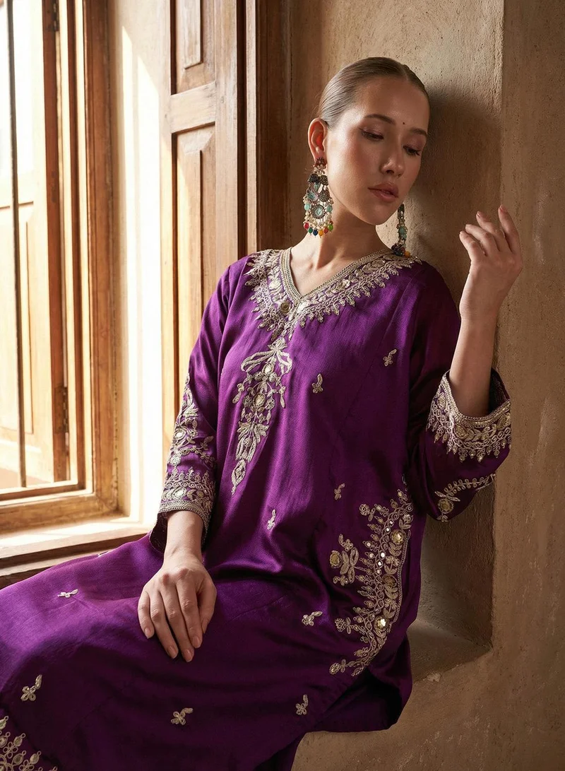 آي شين Purple Poly Embroidered Flared A-Line Kaftan & Full Length Palazzo Co-Ords For Women