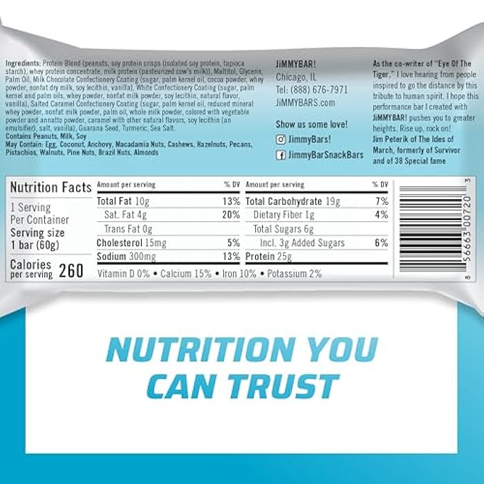 JiMMYBAR! - Eye Of The Tiger Caramel Chocolate Peanut Protein Bars - 25g Protein Bar - 6g Low Sugar - 12 Count - 60g Health Bars - Functional Snack with Real Peanuts & Hand-Drizzled Chocolate - Image 2