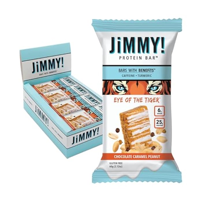 JiMMYBAR! - Eye Of The Tiger Caramel Chocolate Peanut Protein Bars - 25g Protein Bar - 6g Low Sugar - 12 Count - 60g Health Bars - Functional Snack with Real Peanuts & Hand-Drizzled Chocolate - Image 1