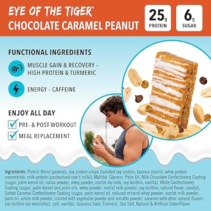 JiMMYBAR! - Eye Of The Tiger Caramel Chocolate Peanut Protein Bars - 25g Protein Bar - 6g Low Sugar - 12 Count - 60g Health Bars - Functional Snack with Real Peanuts & Hand-Drizzled Chocolate - Image 3
