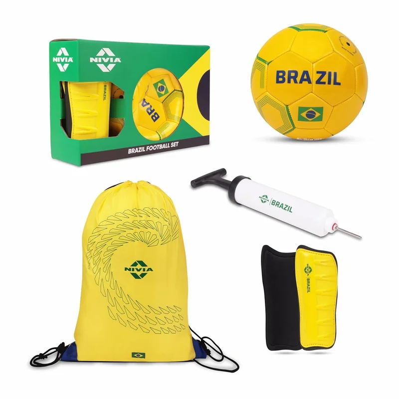 نيفيا Nivia Brazil Football Set - Complete Combo with PVC Football, Shin Guards, Pump, and Carry Bag