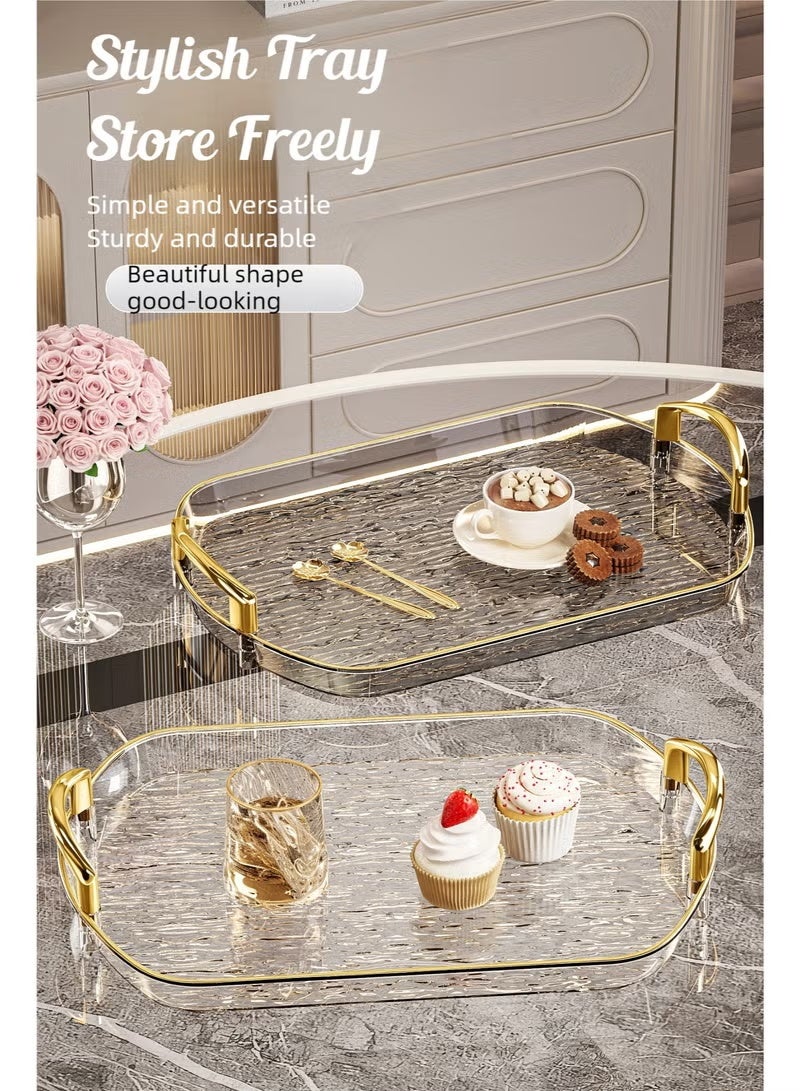 والالا طقم صواني تقديم شفافة من 3 قطع بمقابض معدنية مصقولة - أطباق مقاومة للانسكاب بنمط متموج عصري لطاولة القهوة، أو تقديم الشاي، أو التخزين، أو العرض الزخرفي، لون رمادي شفاف، بحافة ذهبية - Image 2