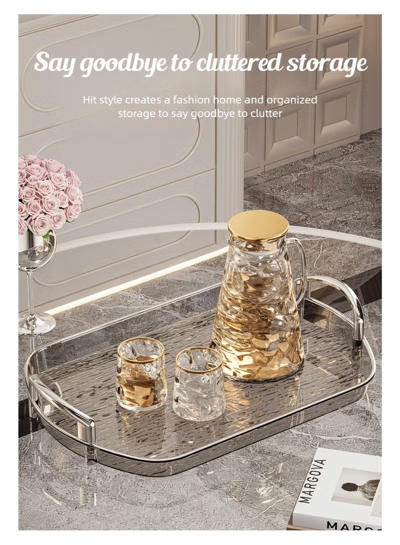 والالا طقم صواني تقديم شفافة من 3 قطع بمقابض معدنية مصقولة - أطباق مقاومة للانسكاب بنمط متموج عصري لطاولة القهوة، أو تقديم الشاي، أو التخزين، أو العرض الزخرفي، لون رمادي شفاف، بحافة ذهبية - Image 3