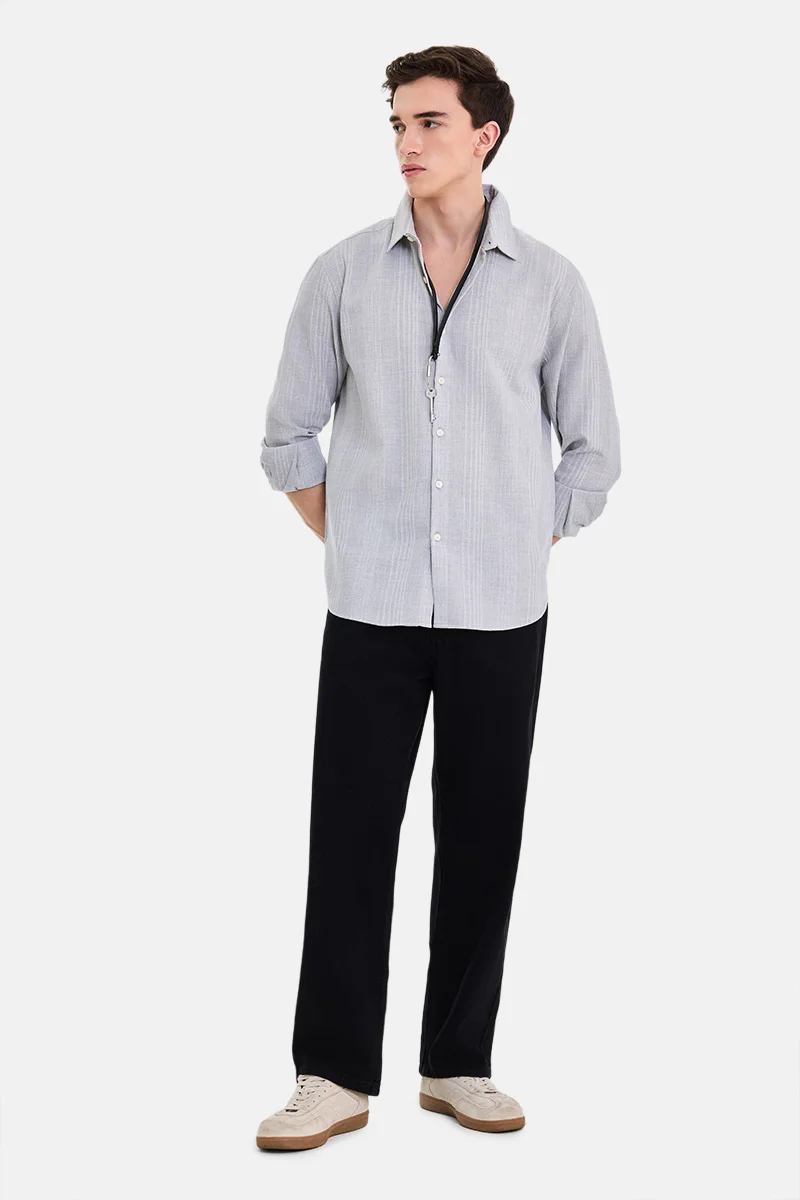 SNITCH Grey Textured Long Sleeve Regular Fit Casual Shirt