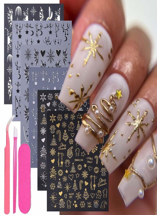 SWEET TREND 3D Christmas Nail Stickers Set: 6 Sheets Festive Nail Art Decals with Tweezers, Nail File & Pusher - Snowflakes Reindeer Santa Candy Cane & Stars - DIY Holiday Nail Decorations for Women - Image 1