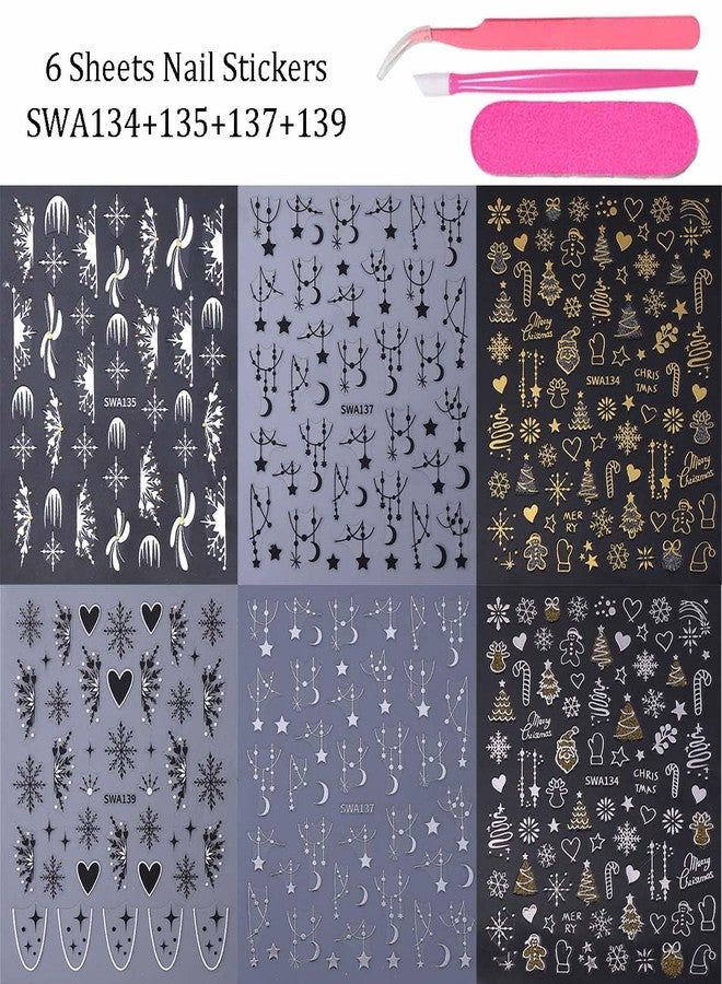 SWEET TREND 3D Christmas Nail Stickers Set: 6 Sheets Festive Nail Art Decals with Tweezers, Nail File & Pusher - Snowflakes Reindeer Santa Candy Cane & Stars - DIY Holiday Nail Decorations for Women - Image 5