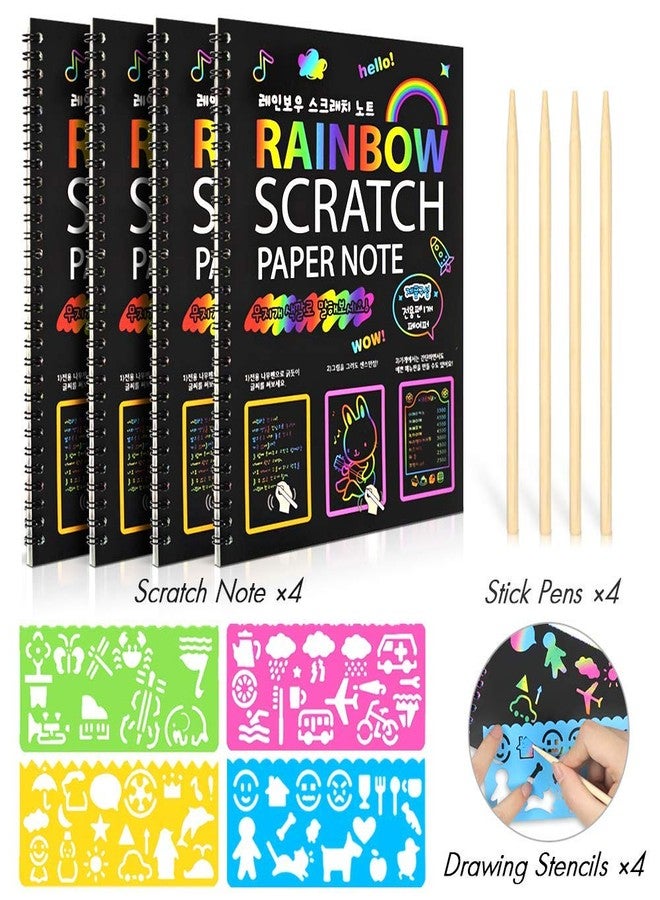 Kitoyz 4 Pack Scratch Arts Drawing Notebook for Kids Drawing Pad, Large Rainbow Scratch Drawing Paper Set for Kids Art Supplies (with 4 Wooden Stylus & 4 Drawing Stencils - Image 3