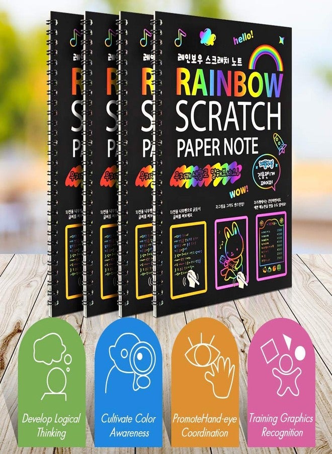 Kitoyz 4 Pack Scratch Arts Drawing Notebook for Kids Drawing Pad, Large Rainbow Scratch Drawing Paper Set for Kids Art Supplies (with 4 Wooden Stylus & 4 Drawing Stencils - Image 4