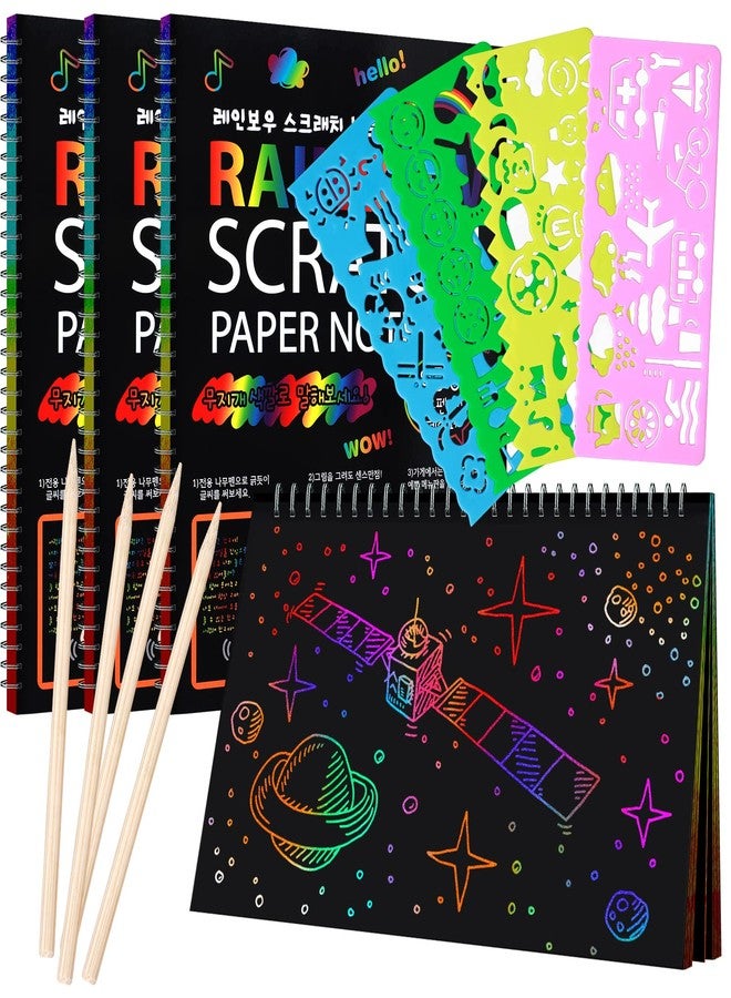 Kitoyz 4 Pack Scratch Arts Drawing Notebook for Kids Drawing Pad, Large Rainbow Scratch Drawing Paper Set for Kids Art Supplies (with 4 Wooden Stylus & 4 Drawing Stencils - Image 1