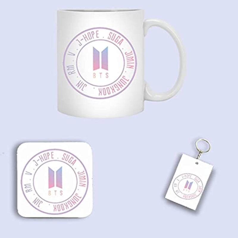 BTS Logo Mug with Coaster and Keychain - Ceramic - Modern Style - White - Reusable - 1 Piece - Adult - Music Theme - Coaster & Keychain Included - Hand Wash Only