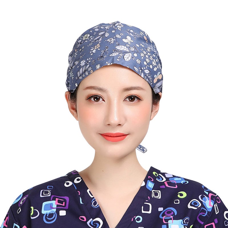 2PCS Adjustable Printed Operating All Cotton Patterns Tip Binding Working Breathable Multi-purpose for Beautician Pharmacist Wearing (Dragonfly+Babysbreath Style Assorted Color) - Image 3