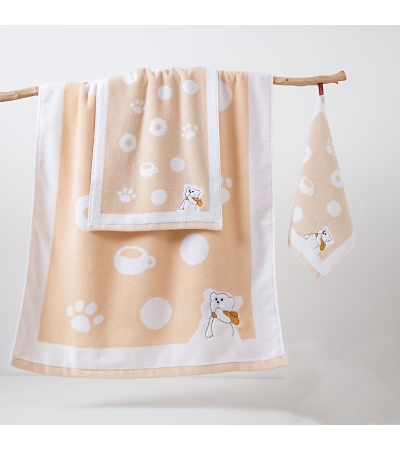 Light Coffee 3 Piece Embroidered Bear Pattern Cotton Bath Towel Set Soft Quick Dry Absorbent - Image 1