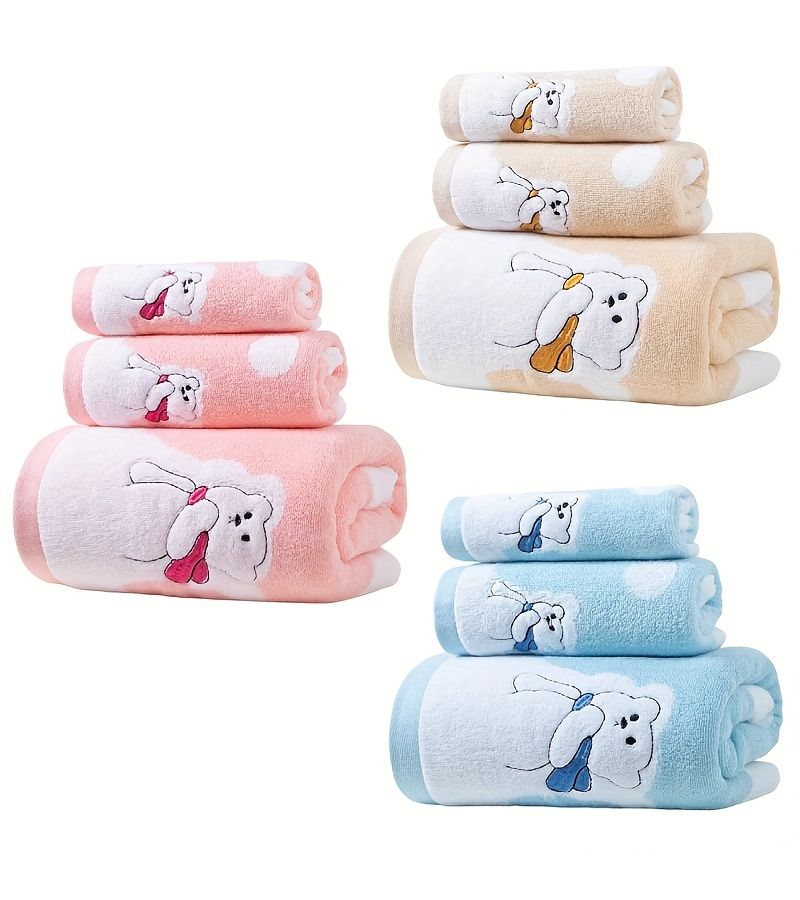 Light Coffee 3 Piece Embroidered Bear Pattern Cotton Bath Towel Set Soft Quick Dry Absorbent - Image 3