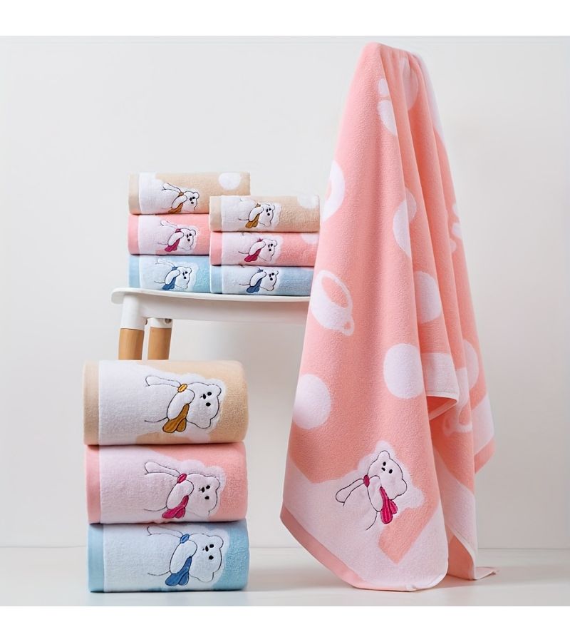 Light Coffee 3 Piece Embroidered Bear Pattern Cotton Bath Towel Set Soft Quick Dry Absorbent - Image 2