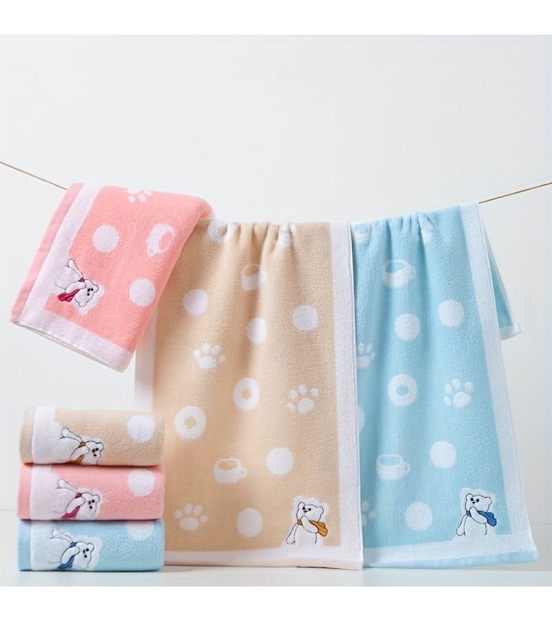 Light Coffee 3 Piece Embroidered Bear Pattern Cotton Bath Towel Set Soft Quick Dry Absorbent - Image 4