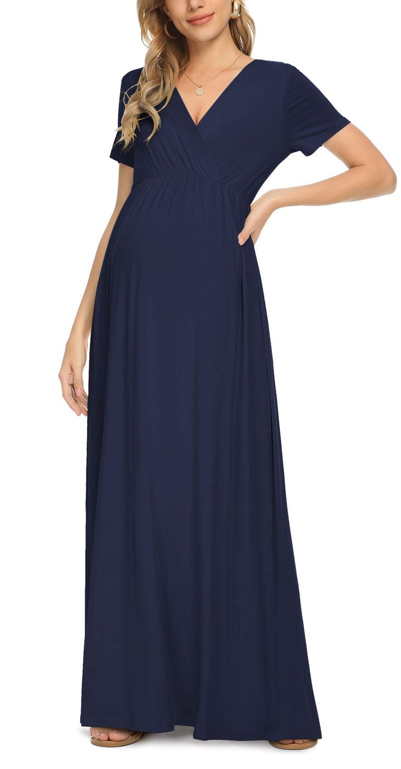 Xpenyo Maternity Dresses Women's Summer Casual Short Sleeve V Neck Wrap Long Maxi Dress Pregnancy Clothes for Baby Shower, Photoshoot, Party, Daily, Nursing, Navy Blue M - Image 1