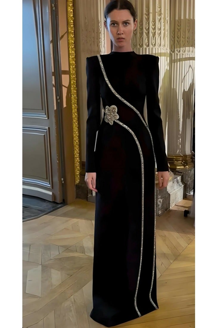 إسكدنيا النساء الأكمام الطويلة الراينست حبات ديكور ماكسي فستان فستان أسود - Image 1