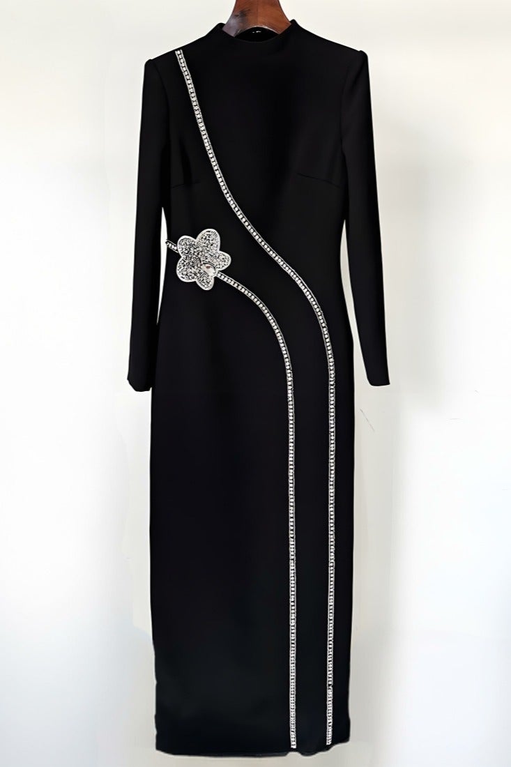 إسكدنيا النساء الأكمام الطويلة الراينست حبات ديكور ماكسي فستان فستان أسود - Image 2