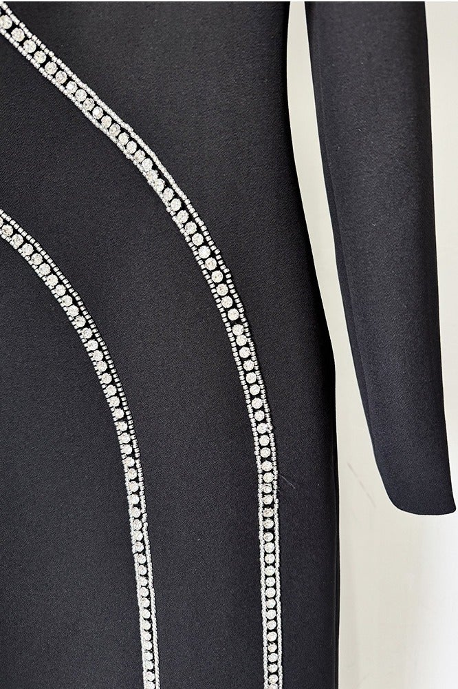 إسكدنيا النساء الأكمام الطويلة الراينست حبات ديكور ماكسي فستان فستان أسود - Image 4