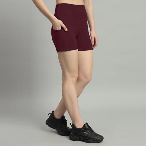 Mehrang High Waist Workout Shorts for Women, Midnight Sky, Bike Shorts with Elastic Waistband and Pockets, (M, Wine) - Image 4