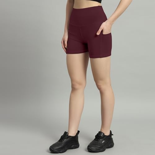 Mehrang High Waist Workout Shorts for Women, Midnight Sky, Bike Shorts with Elastic Waistband and Pockets, (M, Wine) - Image 3